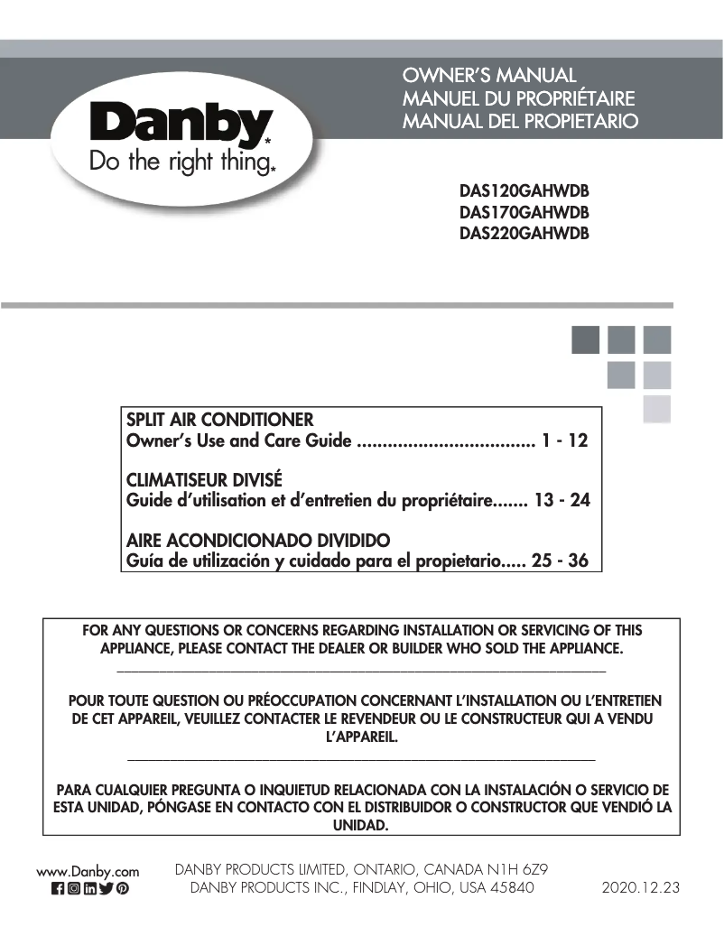 Page 1 de la notice Manuel utilisateur Danby DAS180DBAHWDB