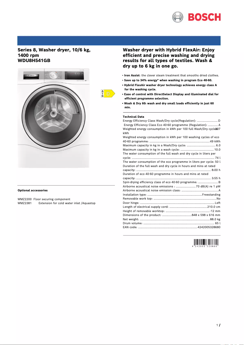 Image de la première page du manuel de l'appareil WDU8H541GB