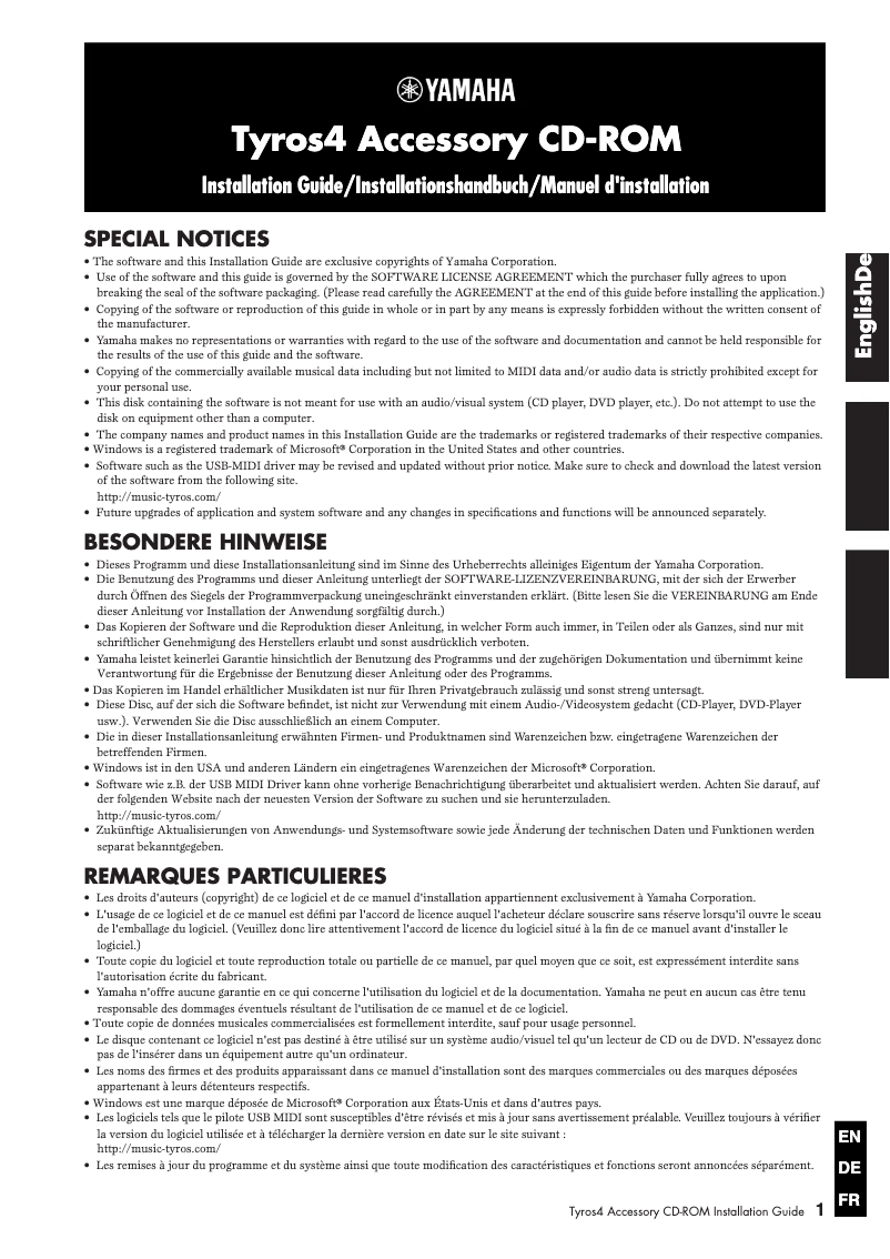 Page 1 de la notice Guide d'installation Yamaha Tyros4
