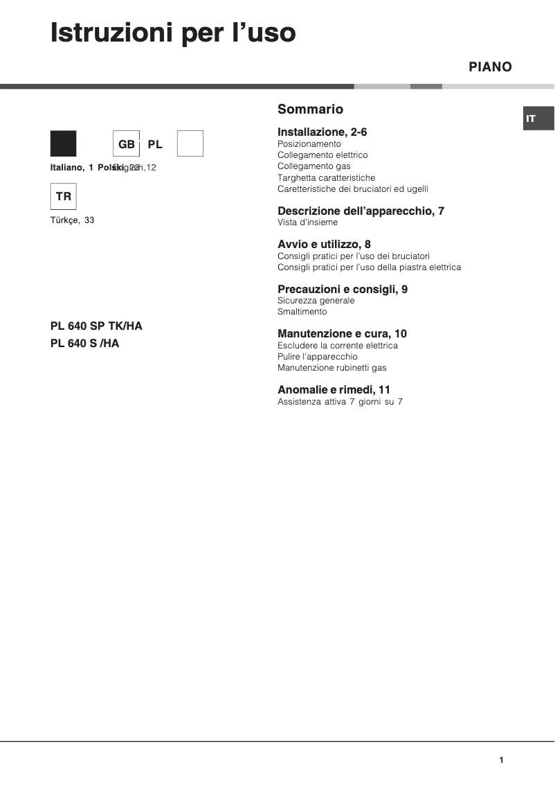 Page 1 de la notice Manuel utilisateur Hotpoint Ariston PL 640 S P (IX)/HA