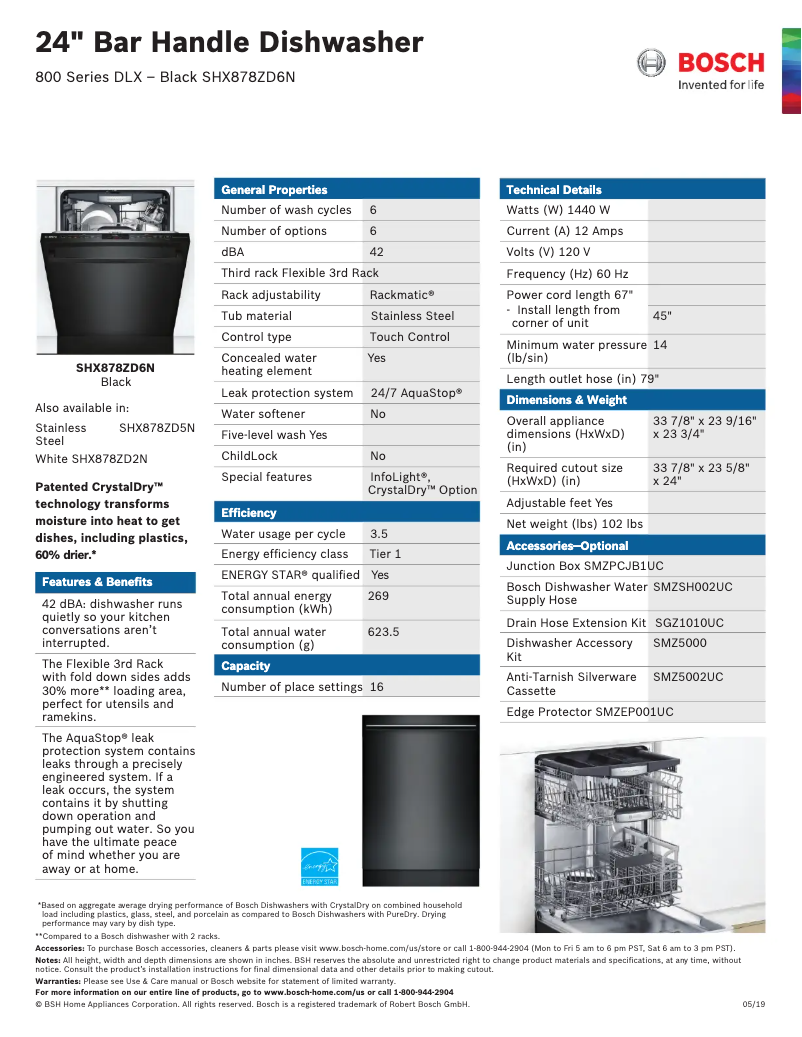 Page 1 de la notice Fiche technique Bosch SHX878ZD6N