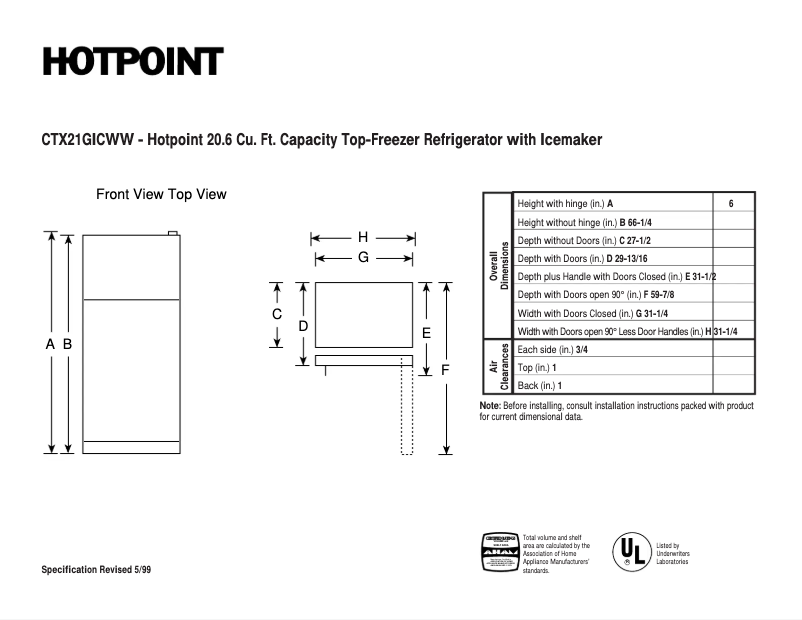 Page 1 de la notice Fiche technique Hotpoint CTX21GICWW