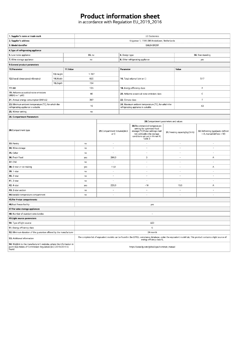 Page 1 de la notice Fiche technique LG GML643PZ6F