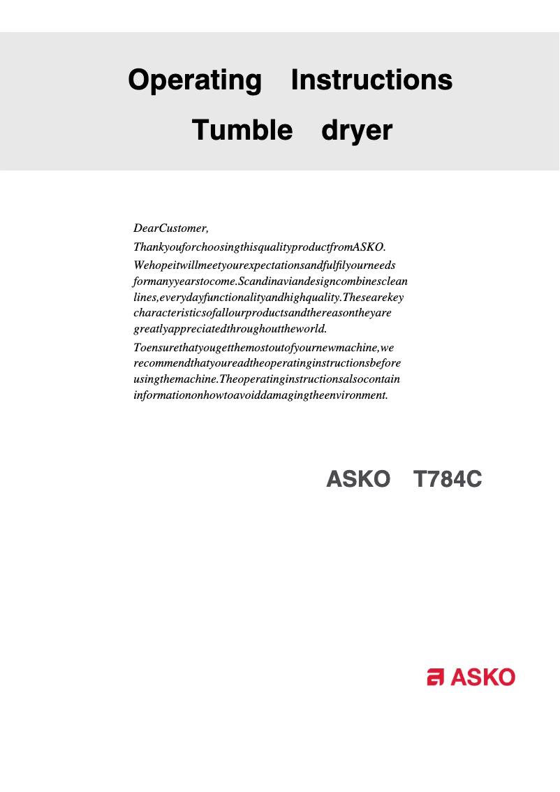 Page n°1 - Manuel utilisateur Asko T784C