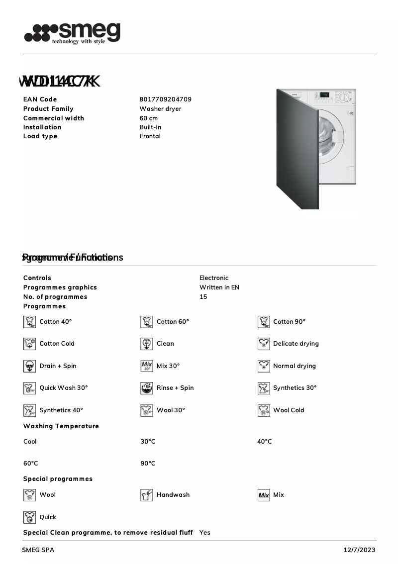 Page 1 de la notice Fiche technique Smeg WDI14C7K