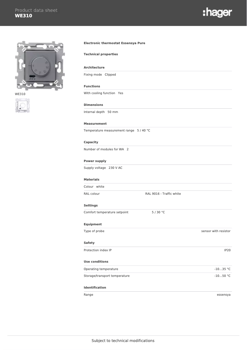 Page 1 de la notice Fiche technique Hager WE310