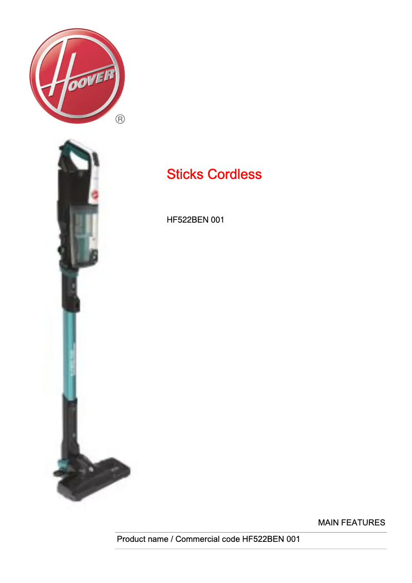 Page 1 de la notice Fiche technique Hoover H-FREE 500 HF522BEN 001