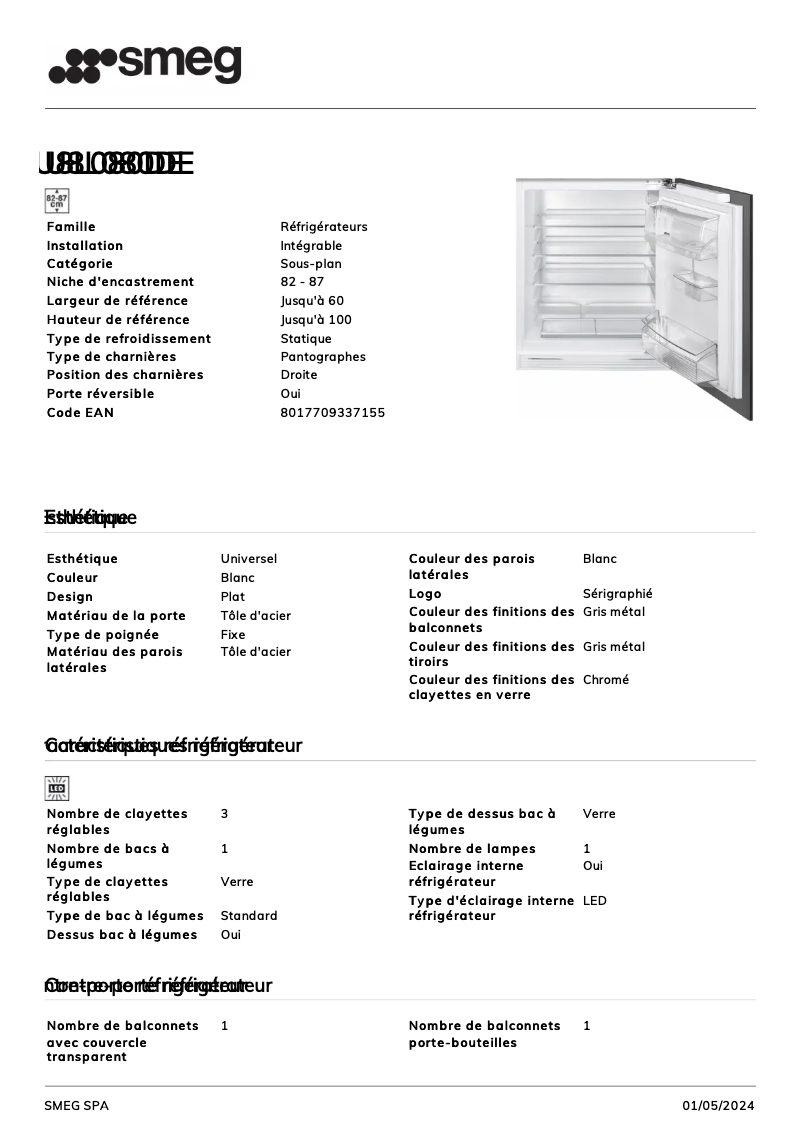 Page 1 de la notice Fiche technique Smeg U8L080DE