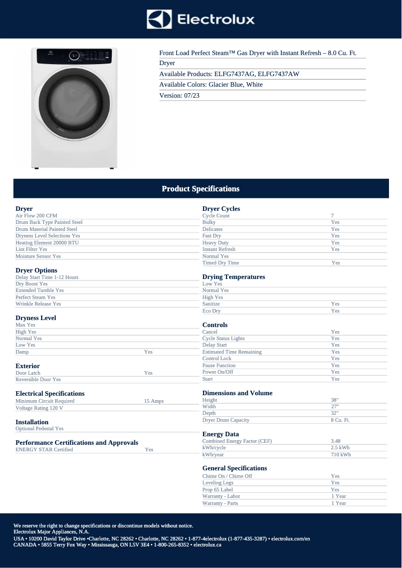 Page 1 de la notice Fiche technique Electrolux ELFG7437AG