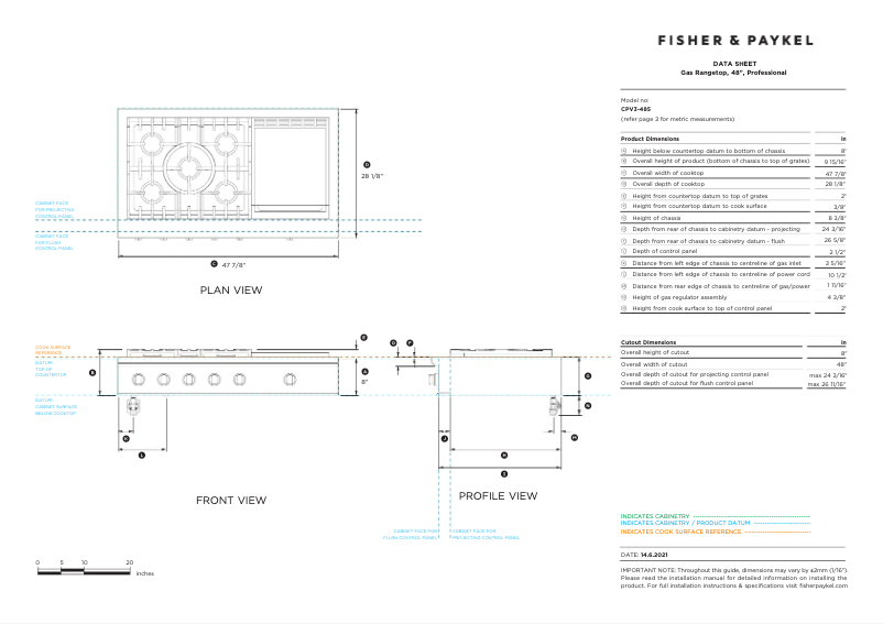 Page 1 de la notice Fiche technique Fisher & Paykel CPV3-485GD