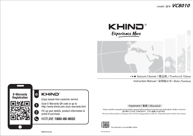 Page 1 de la notice Manuel utilisateur Khind VC8010