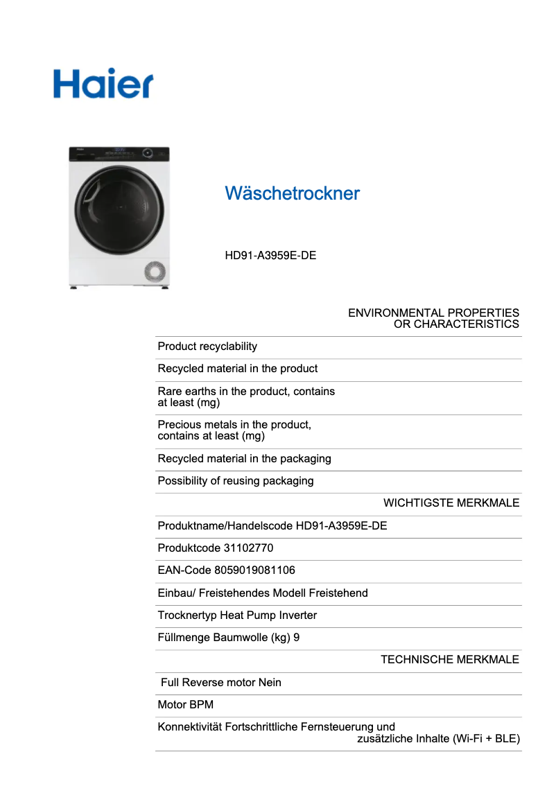 Page 1 de la notice Manuel utilisateur Haier HD90-A3959E
