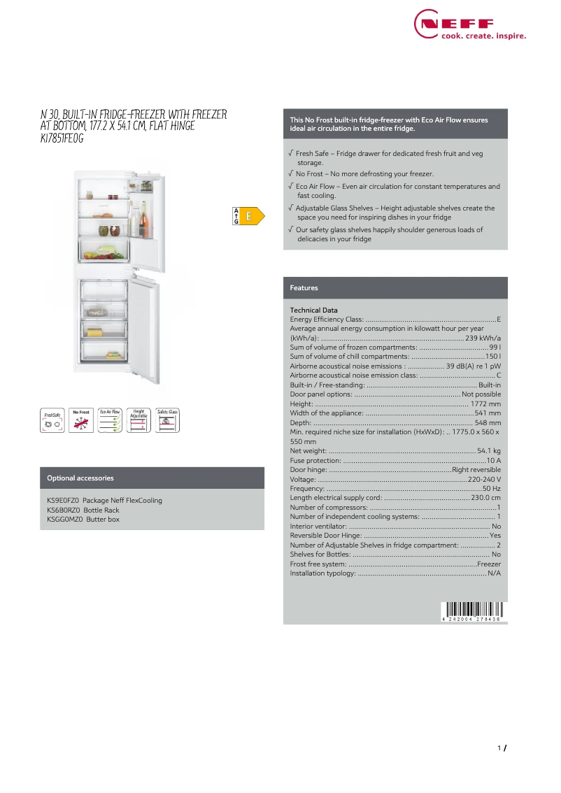 Page 1 de la notice Fiche technique Neff KI7851FE0