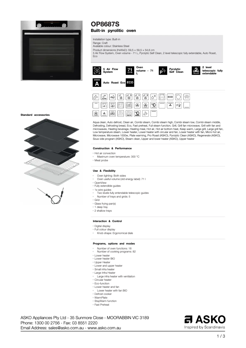 Page 1 de la notice Fiche technique Asko OP8687S