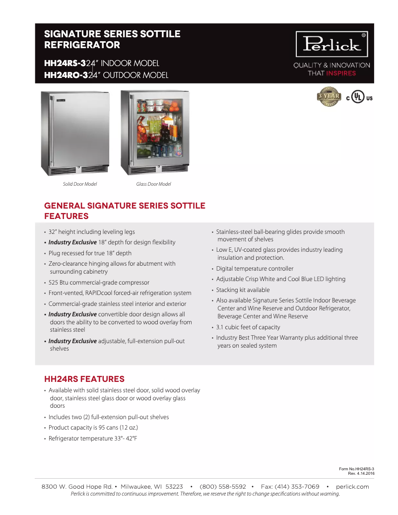 Page n°1 - Fiche technique Perlick HH24RO-3-3R