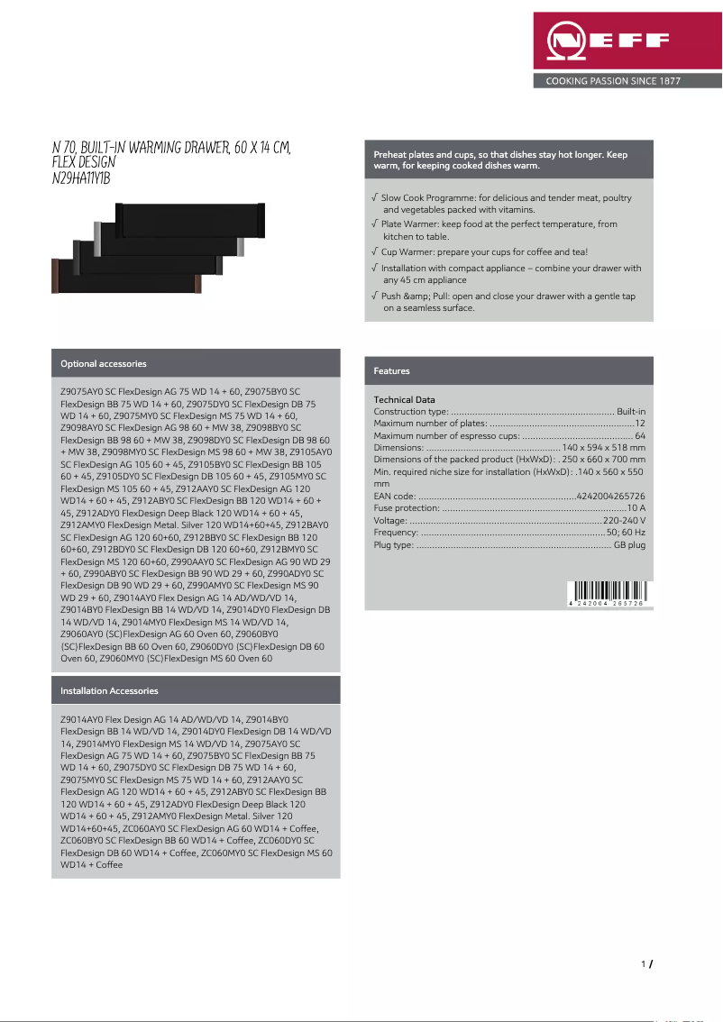 Page 1 de la notice Fiche technique Neff N29HA11Y1B