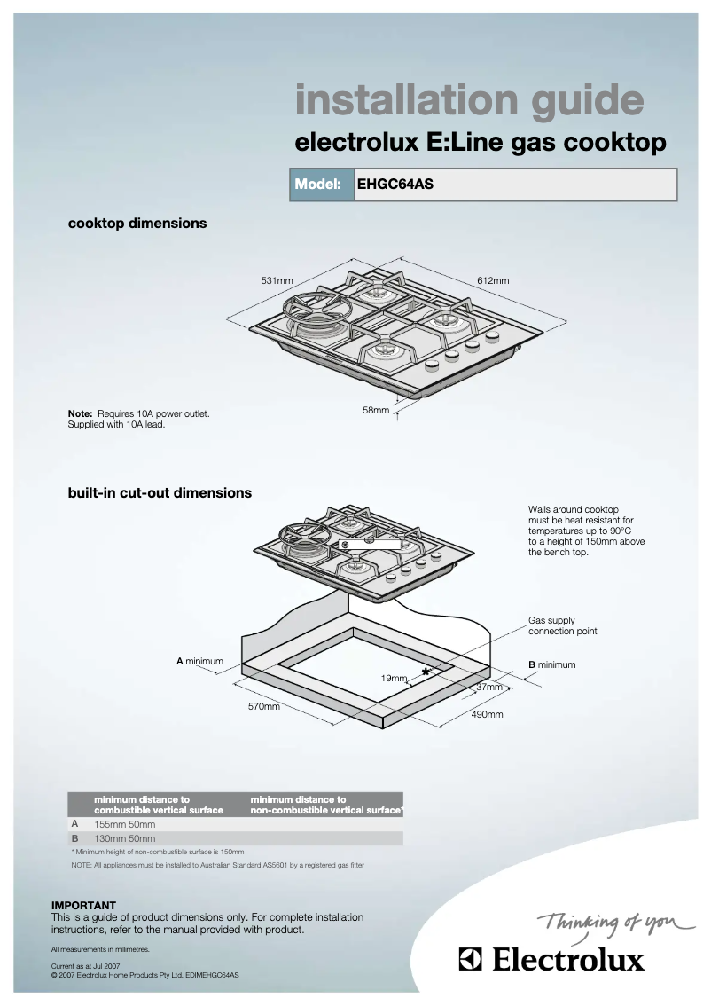Página 1 del manual Guía de instalación Electrolux EHGC64AS
