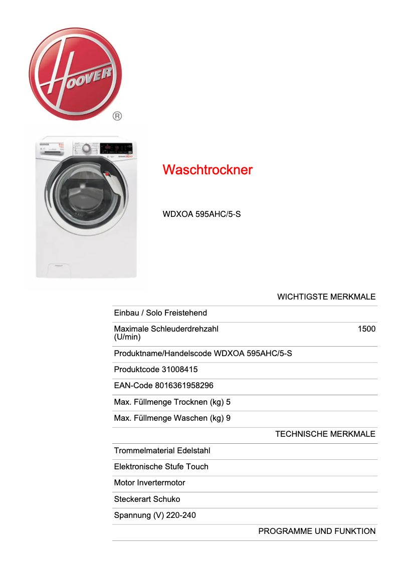 Image de la première page du manuel de l'appareil WDXOA 595AHC/5-S
