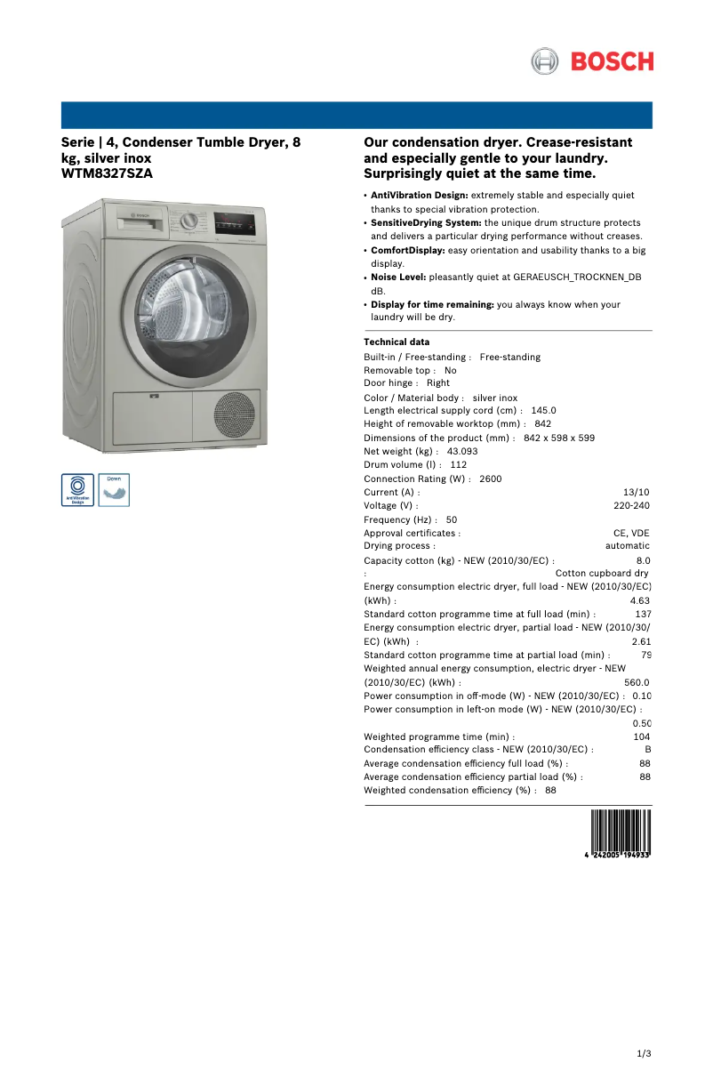 Page n°1 - Fiche technique Bosch WTM8327SZA