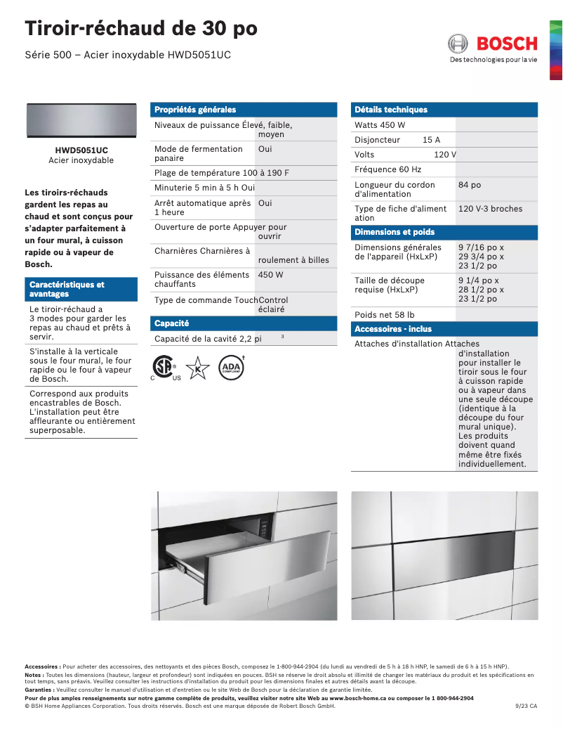 Page n°1 - Fiche technique Bosch HWD5051UC