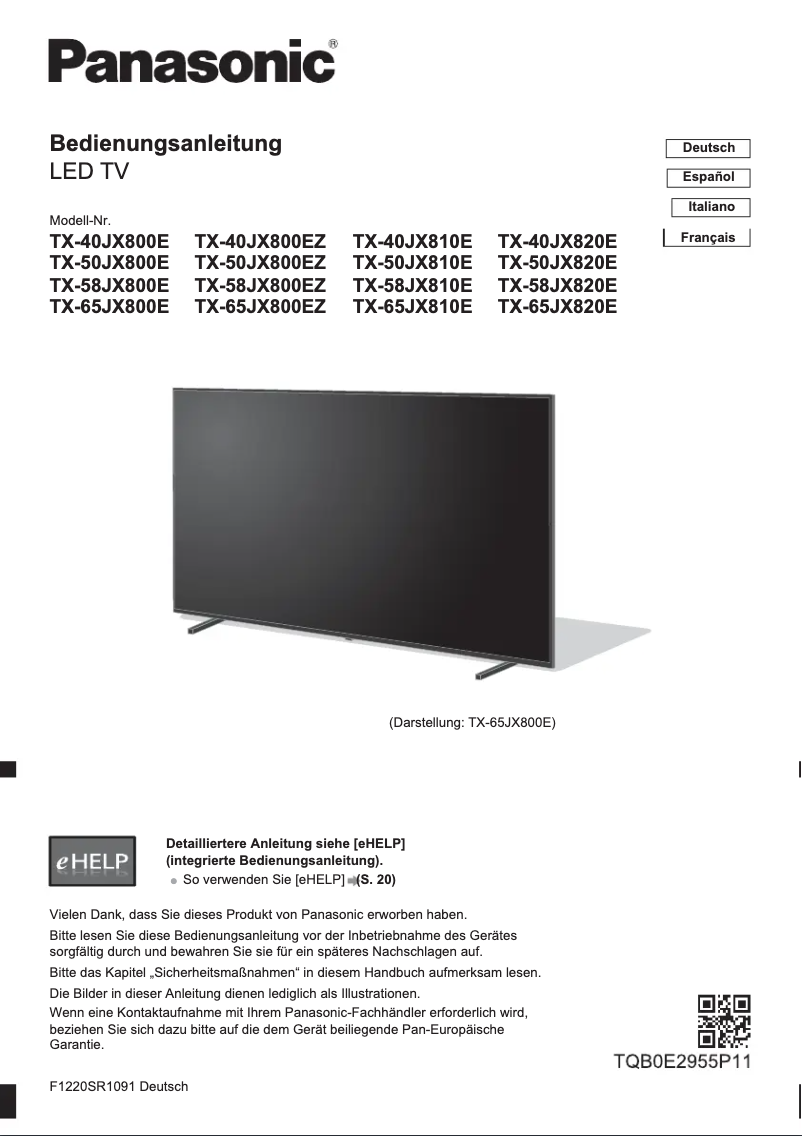 First page image of the manual for TX-65JX800EZ