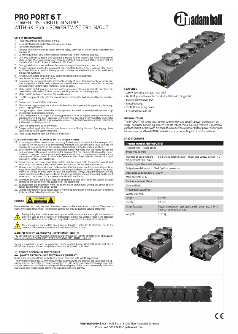 Page 1 de la notice Fiche technique Adam Hall AHPROPORT6T