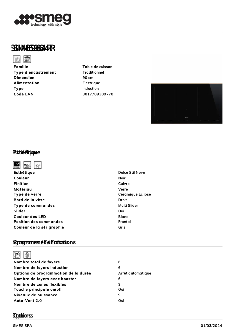 Page 1 de la notice Fiche technique Smeg SIM6964R