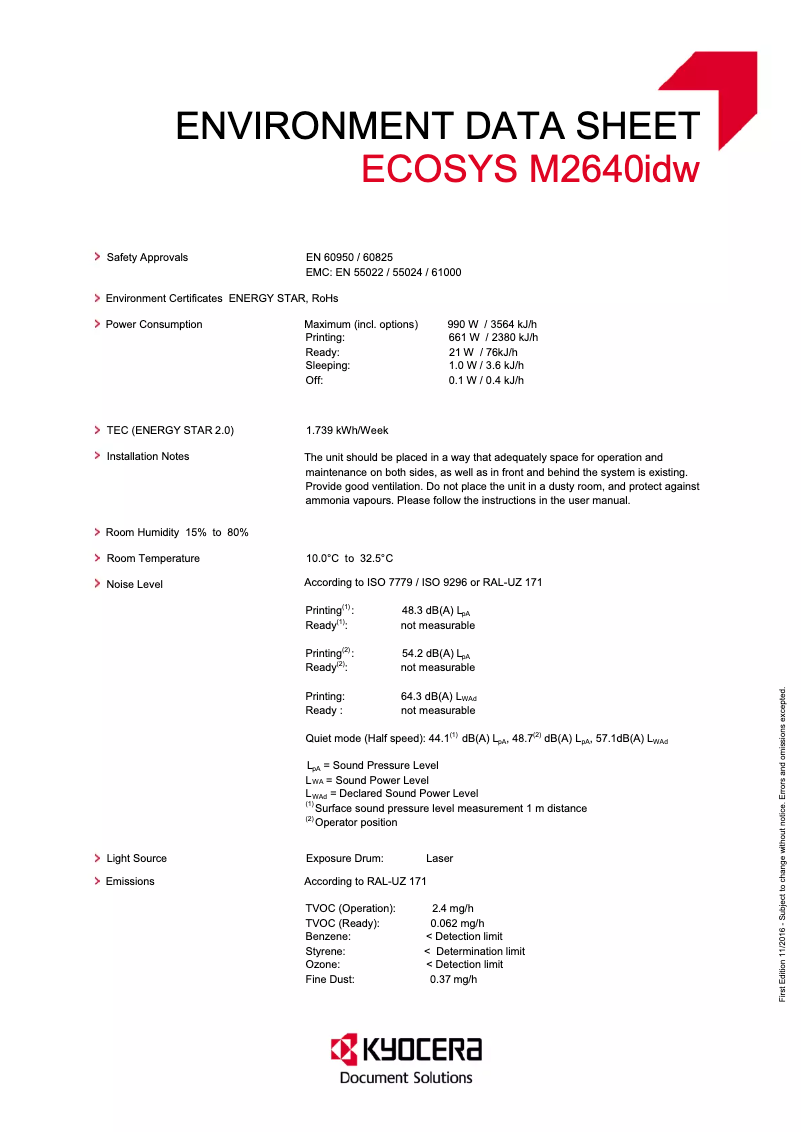 Page 1 de la notice Fiche technique Kyocera ECOSYS M2640idw