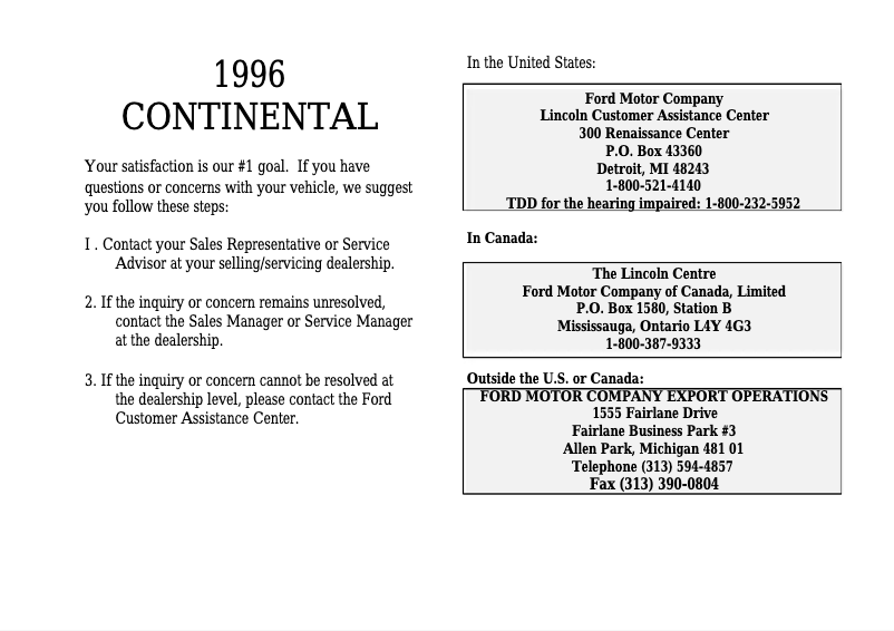 Page n°1 - Manuel utilisateur Lincoln Continental (1996)