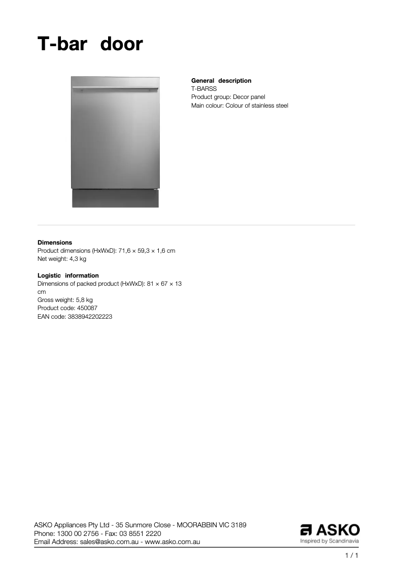 Page 1 de la notice Manuel utilisateur Asko T-bar door