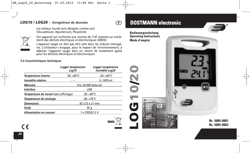 Page 1 de la notice Manuel utilisateur Dostmann Electronic LOG10