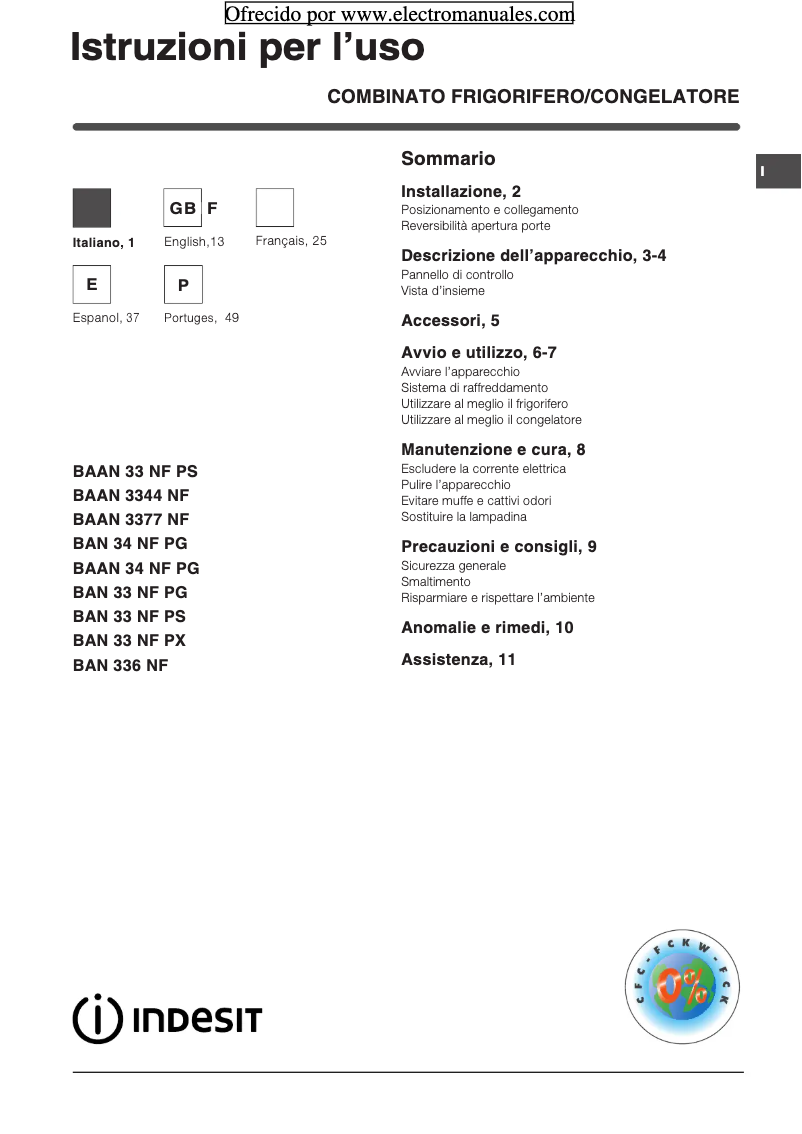 Page 1 de la notice Manuel utilisateur Indesit BAN 34 NF PX