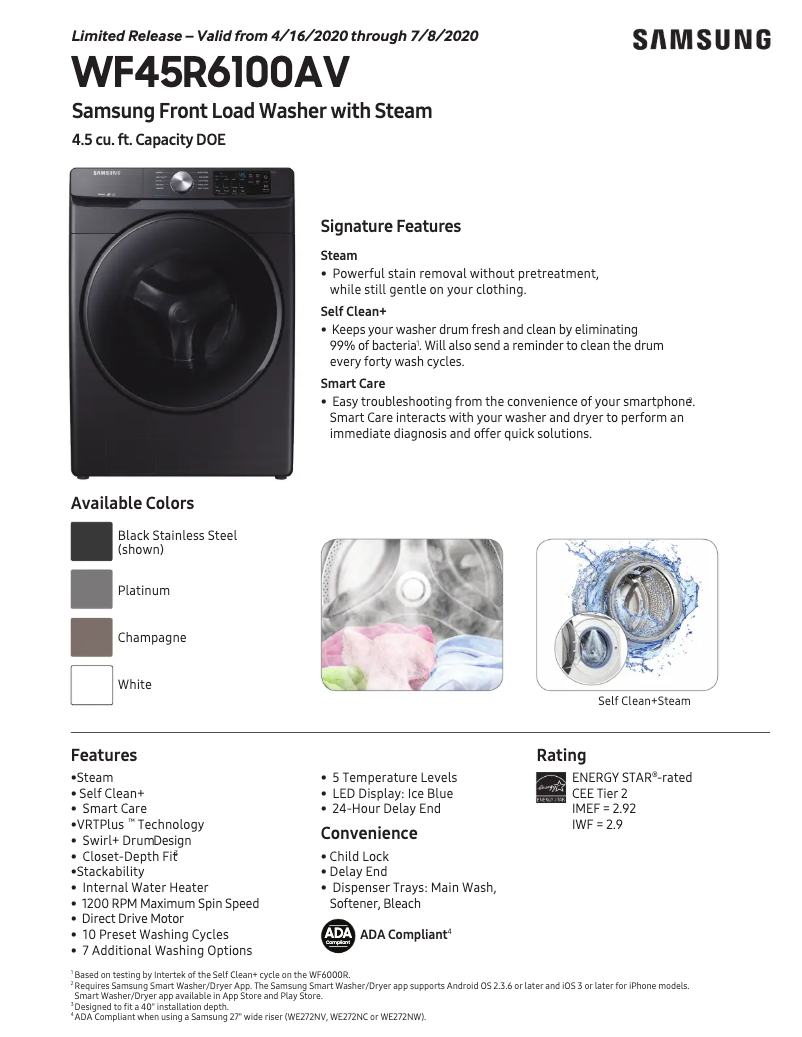 Page 1 de la notice Fiche technique Samsung WF45R6100AV