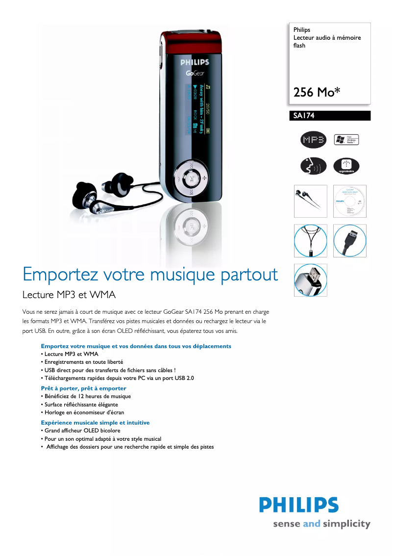 Page 1 de la notice Fiche technique Philips GoGear SA174
