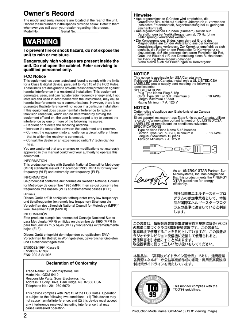 Page 1 de la notice Manuel utilisateur Sony GDM-5410