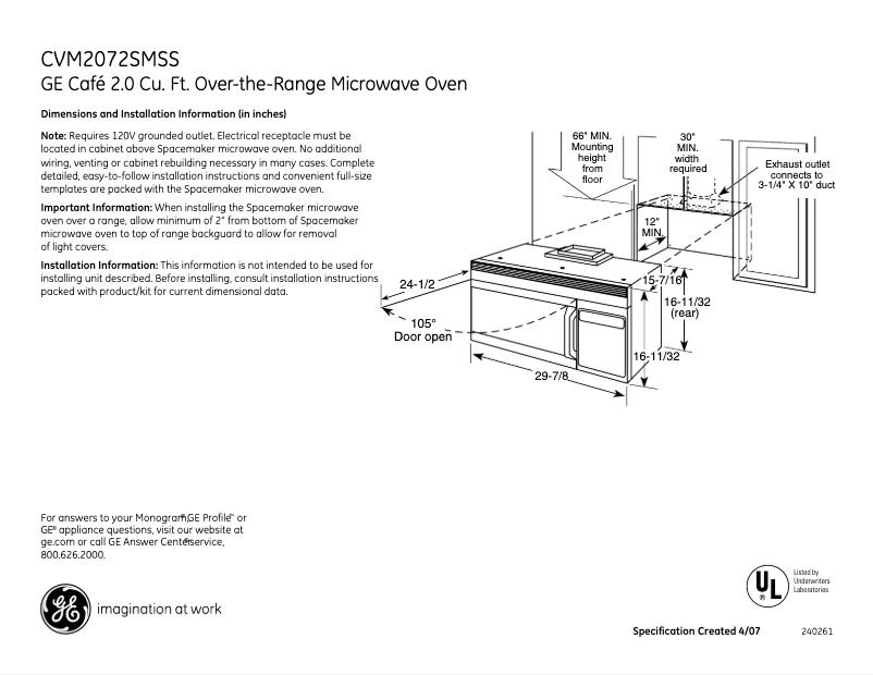 Page 1 de la notice Fiche technique GE Café CVM2072SMSS