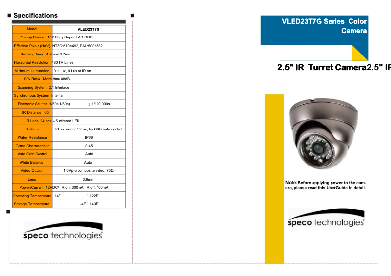 Page 1 de la notice Manuel utilisateur Speco Technologies VLED23T7G