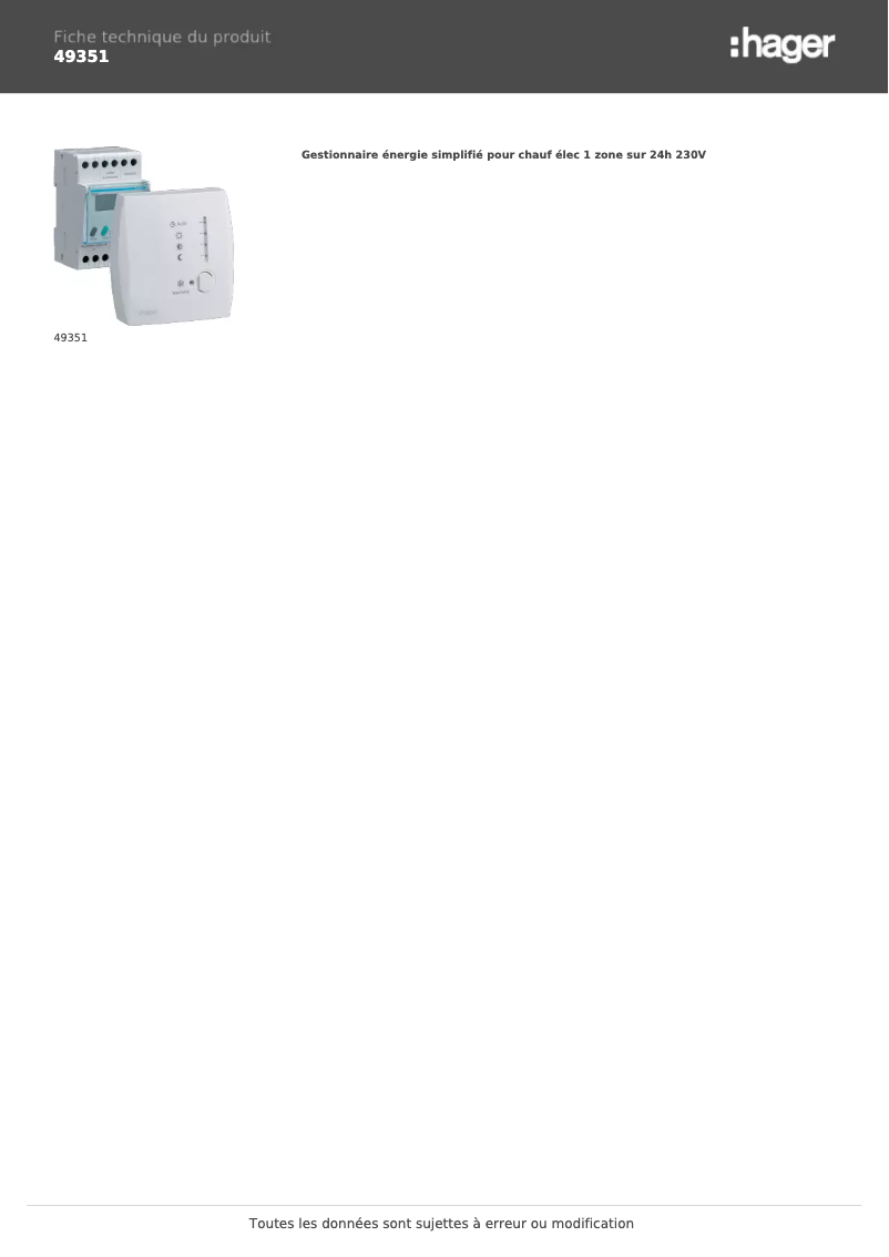 Page 1 de la notice Fiche technique Hager 49351
