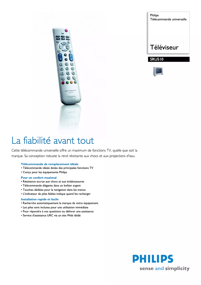 Page 1 de la notice Fiche technique Philips SRU510