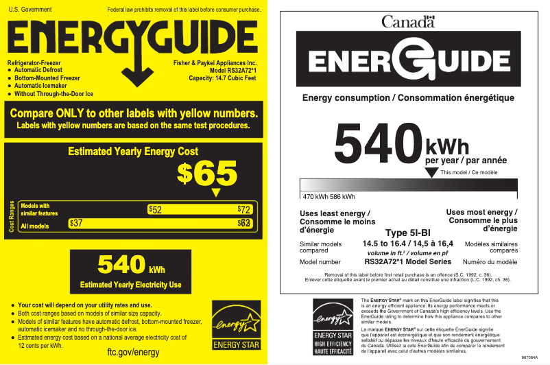 Page n°1 - Label énergétique Fisher & Paykel RS32A72U1