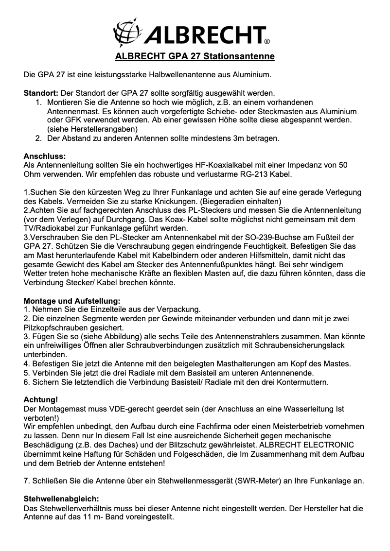 Page 1 de la notice Manuel utilisateur Albrecht GPA 27