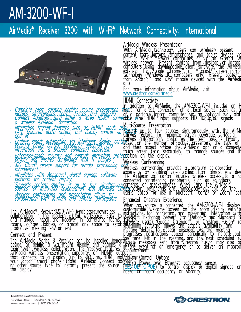 Page 1 de la notice Fiche technique Crestron AM-3200-WF-I