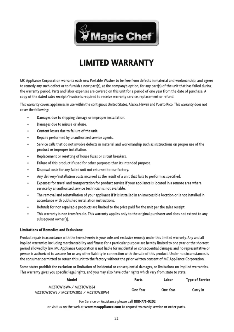 Page 1 de la notice Informations de garantie Magic Chef MCSTCW20W5