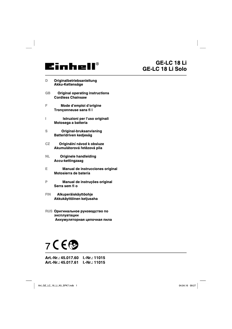 Page 1 de la notice Manuel utilisateur Einhell GE-LC 18 Li-Solo