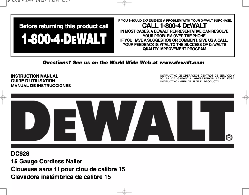 Page n°1 - Manuel utilisateur DeWalt DC628K