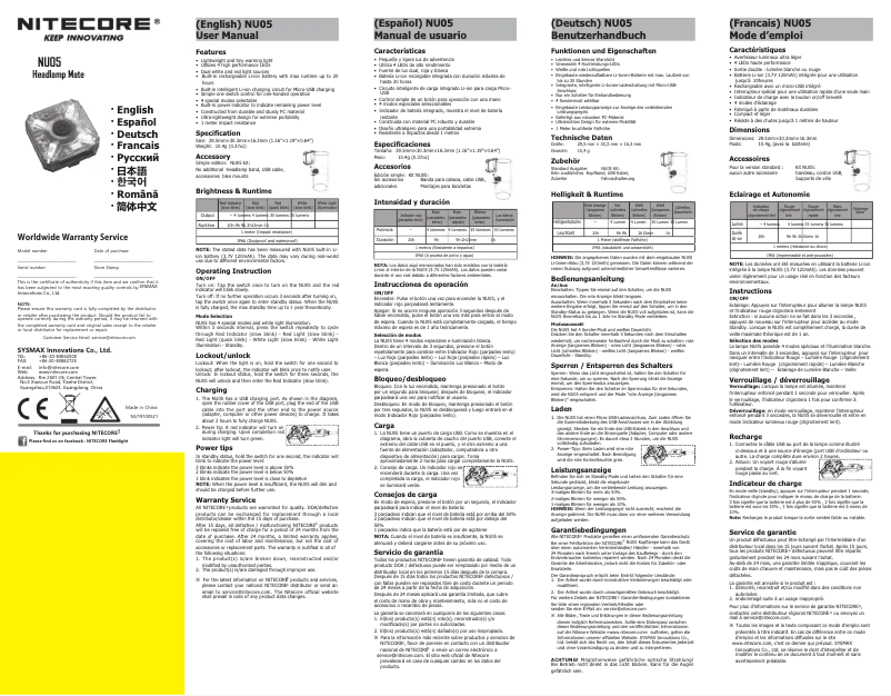 Page 1 de la notice Manuel utilisateur Nitecore NU05