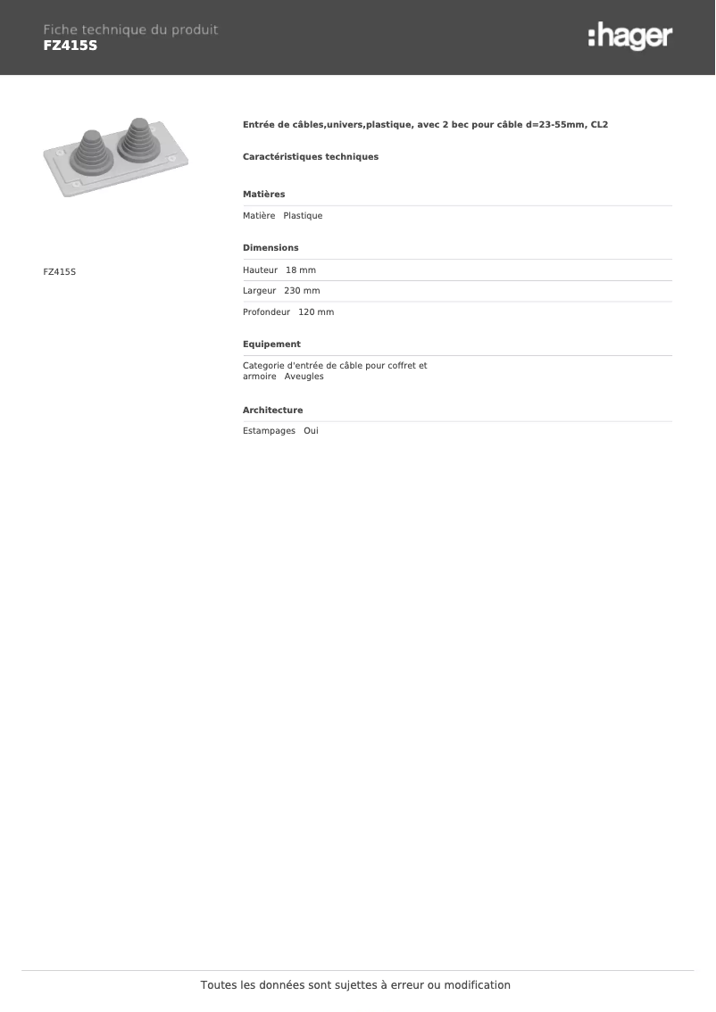 Page 1 de la notice Fiche technique Hager FZ415S