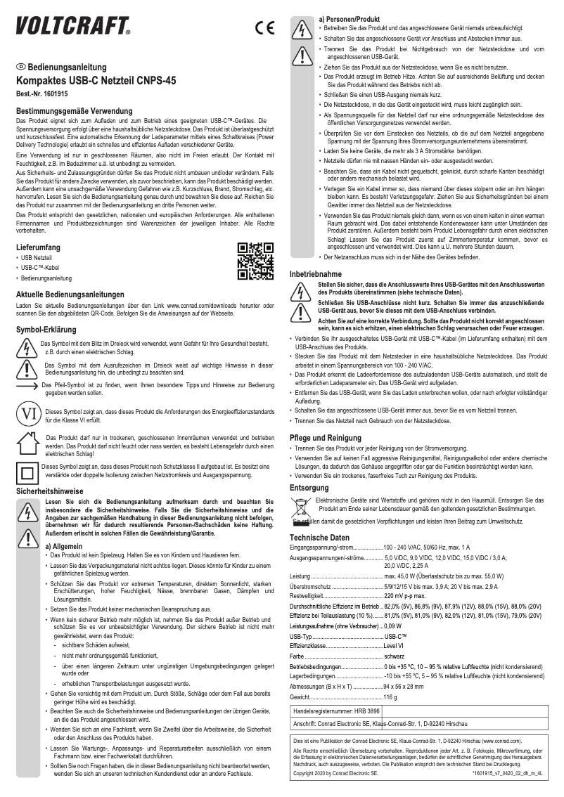 Page 1 de la notice Manuel utilisateur Voltcraft CNPS-45