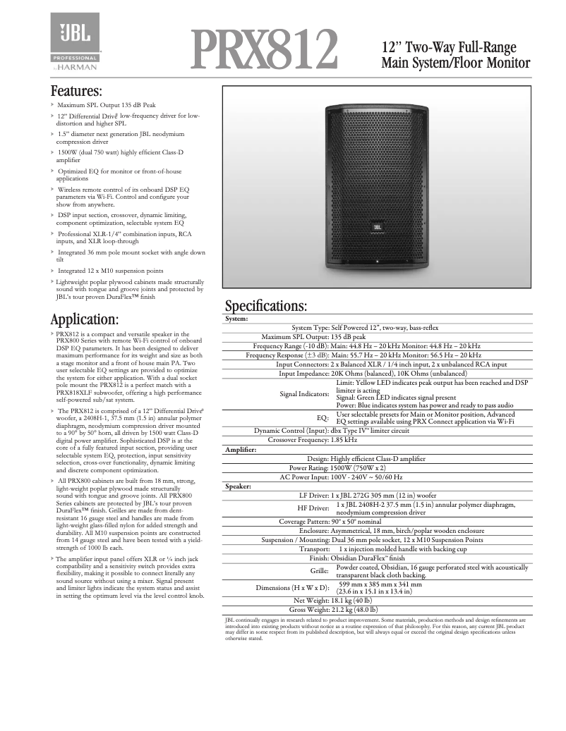 Page 1 de la notice Fiche technique JBL PRX812