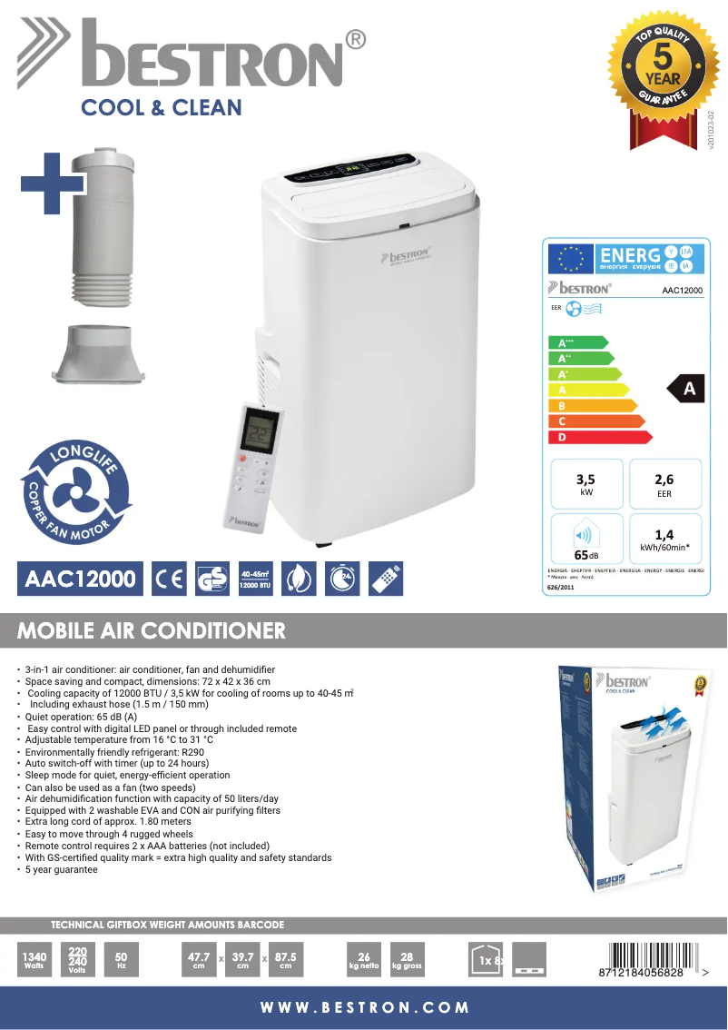Page n°1 - Fiche technique Bestron Cool & Clean AAC12000